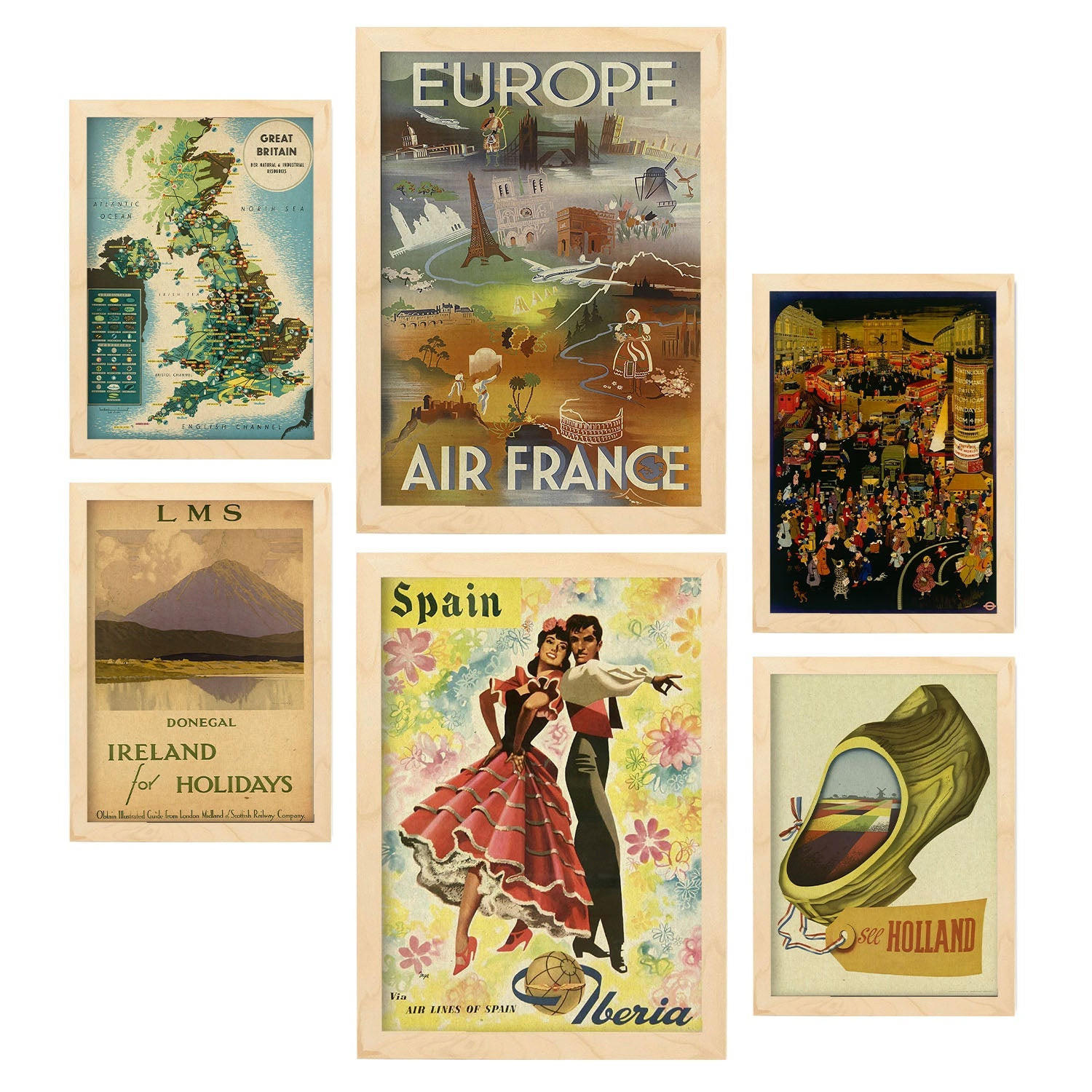 POSTER Set Mit 6 Europäische Länder Vollfarbige Illustrationen Von Vintage Tourismus Werbetafeln Aus Der Ganzen Welt A3 & A4 Rahmen Aus Hellem Holz - Beige, Papier (29/3cm) - Nacnic