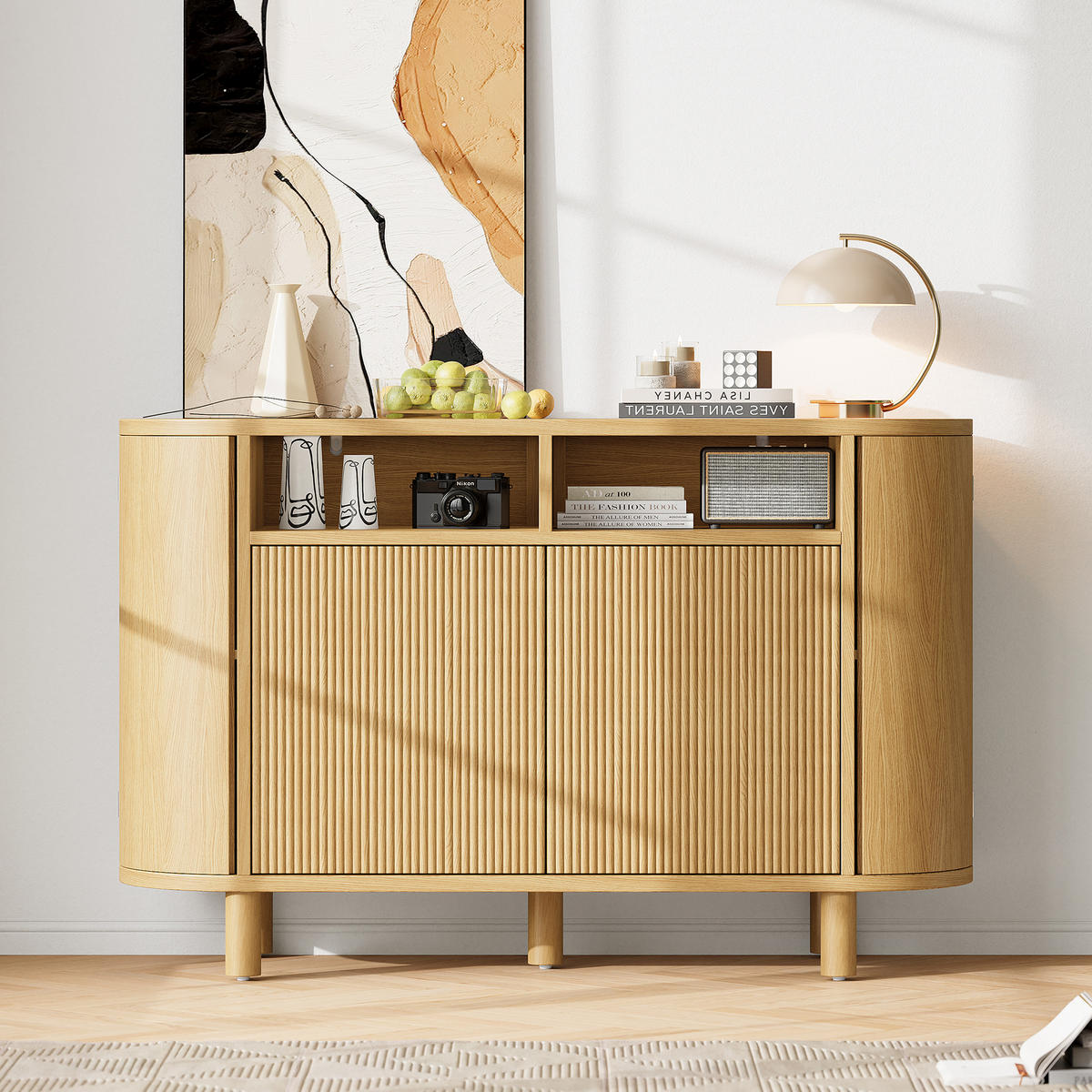 SIDEBOARD aus MDF 120x38x77 cm Natur mit verstellbaren Böden und Füßen, 3D-Relief und Rundbogenfach - Naturfarben, Holzwerkstoff (120/77/38cm) - Modfu