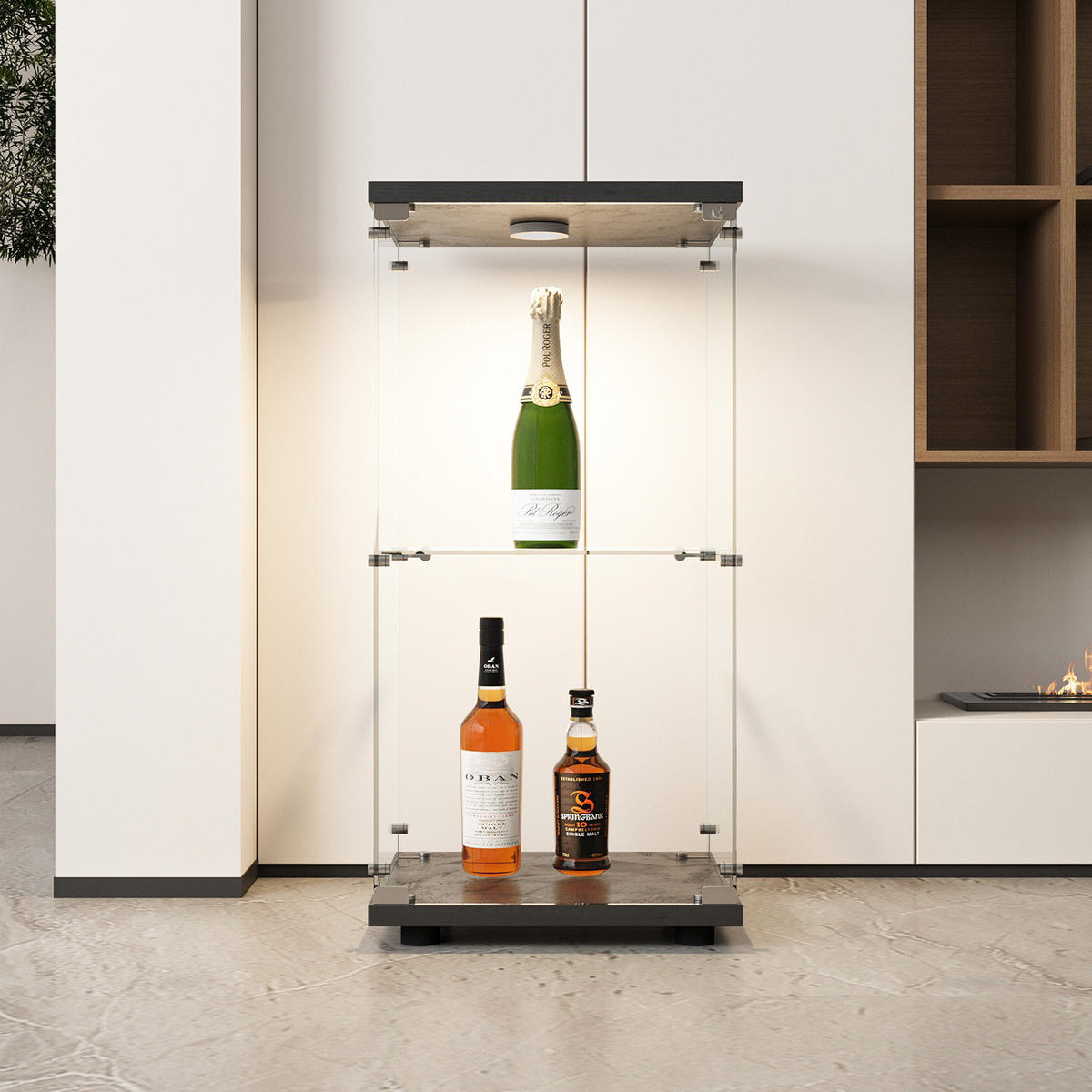 GLASVITRINE 86x40,4x36,5 cm 1 Tür Schloss 2 Glasböden LED schwarz - Schwarz, Holz (40.3/86.2/36.5cm) - LEBENLANG