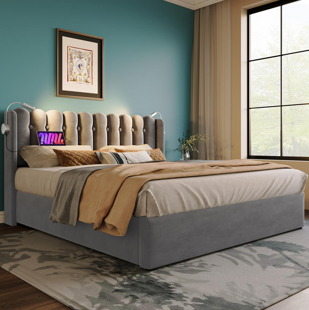 BETT mit Stauraum und Leselicht 160x200 cm Samt Grey - Grau, Metall (160/200cm) - Meubliv