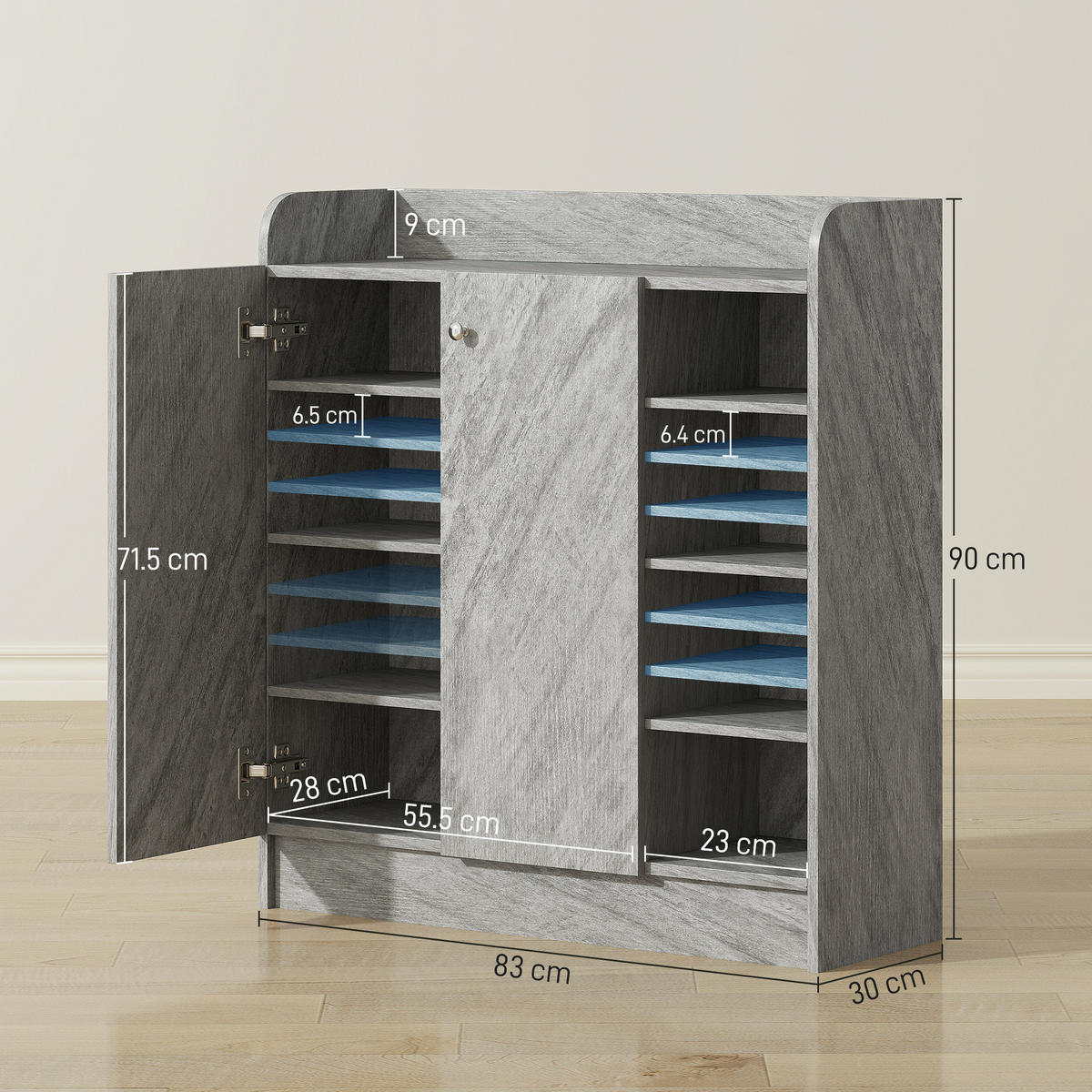SCHUHREGAL,4 offene Ablagen für 12 Paar 83x30x90cm,zementgrau - Grau, Holzwerkstoff (83/90/30cm) - Vallsero
