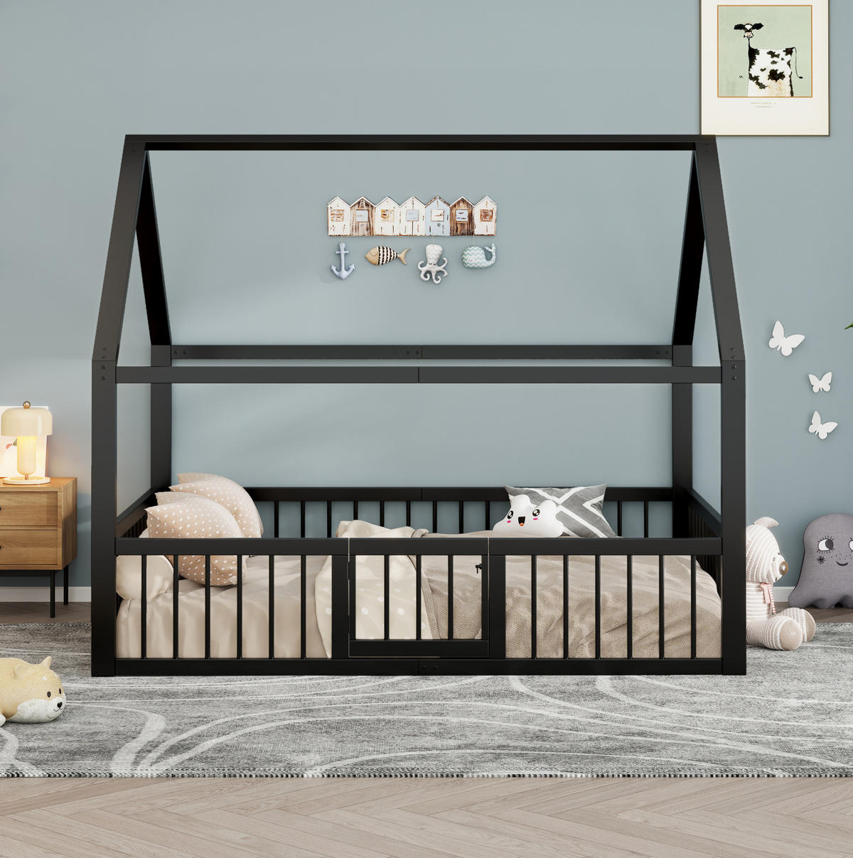 HAUSBETT aus Metall 140x200 cm Schwarz mit Dachdesign, Sicherheitsgeländer und Tür - Schwarz, Metall (140/200cm) - Modfu