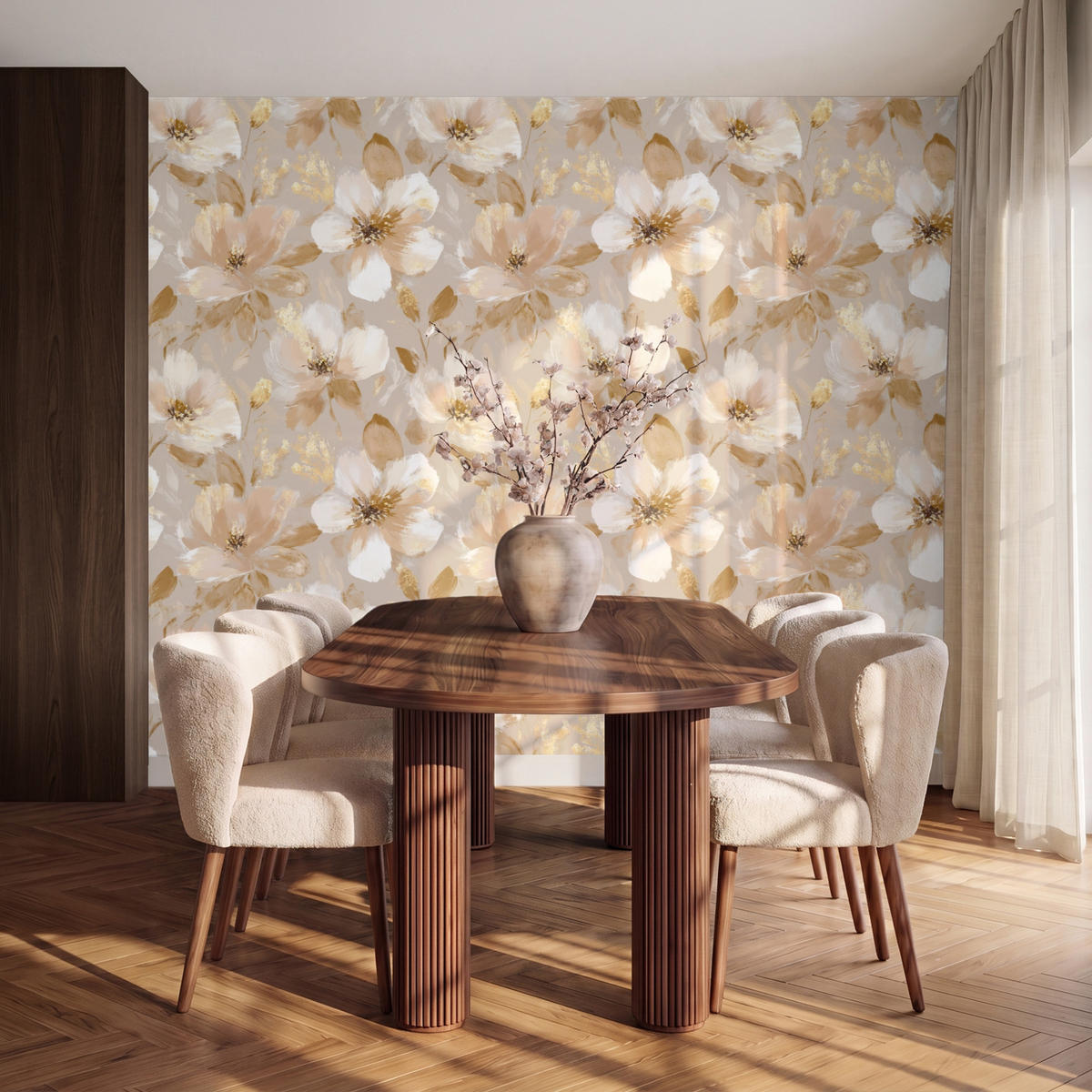 TAPETE - Blumen - künstlerisch - Gold - 280x240 cm - Beige, Papier (280/240cm) - OnlyWow