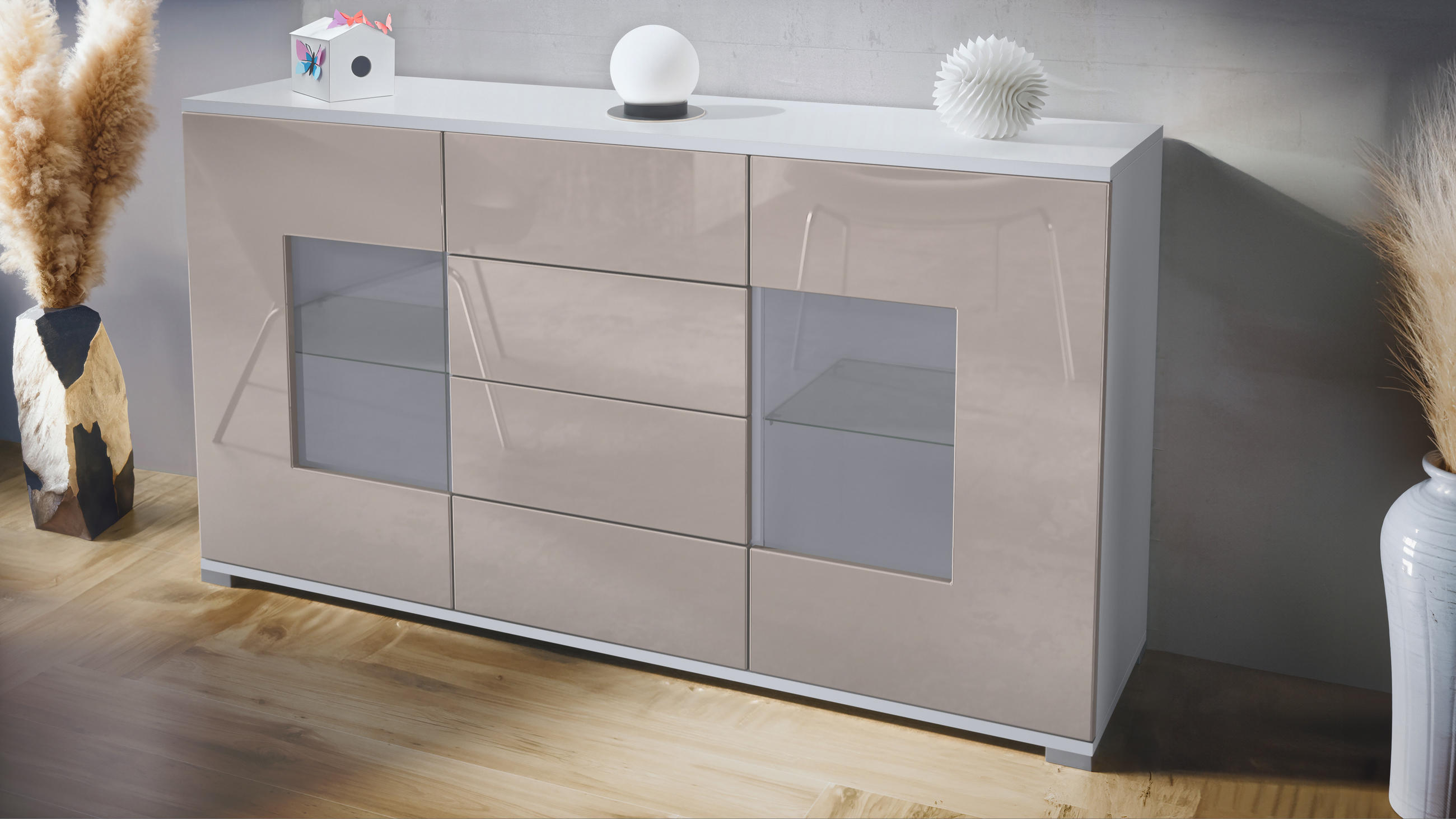 SIDEBOARD Grömitz Sandgrau Hochglanz - Sandfarben, Holzwerkstoff (138.5/75.5/35cm) - Vladon