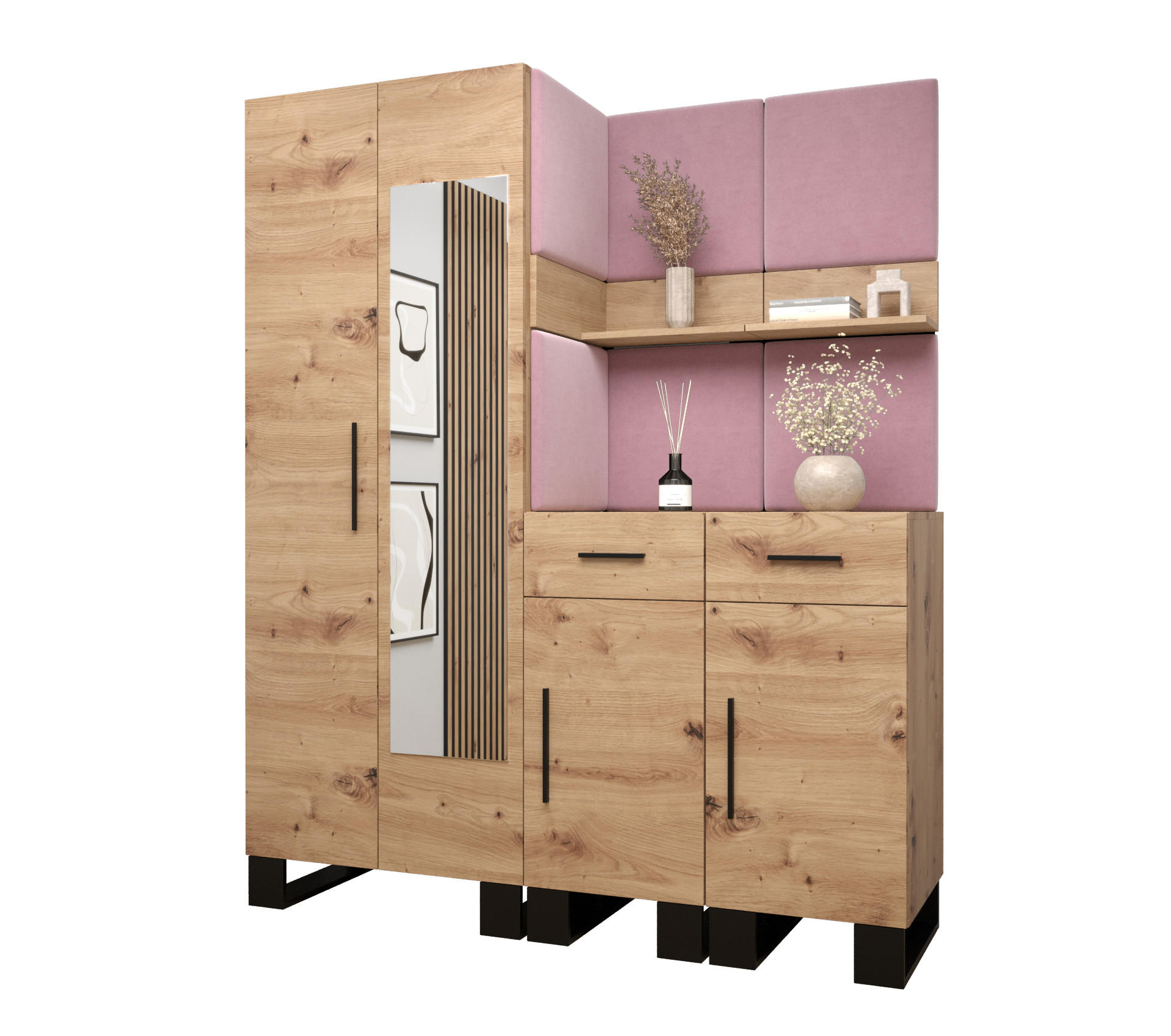 Abiks Möbel Garderoben-Set Eiche Artisan, Pink 158x196x45.6 cm