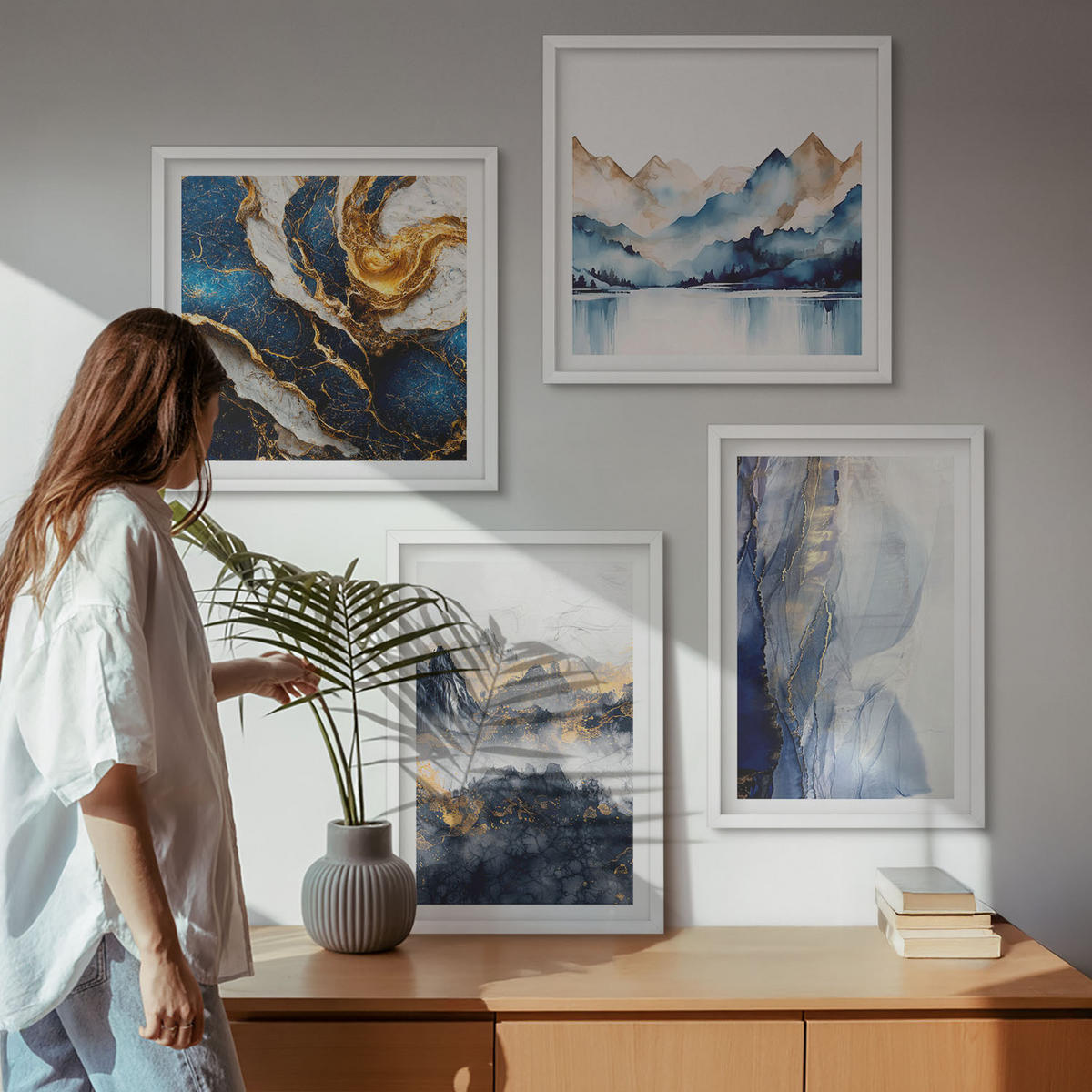WANDBILDER 4er-Set - 50x50 cm & 40x60 cm Weißer Rahmen - Blaue Berglandschaften - Weiß, Kunststoff (50/50cm) - ArtPrintCave