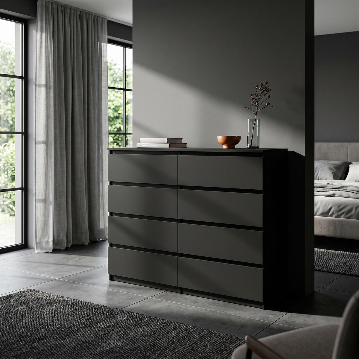 KOMMODE NUDO 138,5/101,5/39cm mit 8 Schubladen Türen Schwarz - Schwarz, Holzwerkstoff (138.5/101.5/39cm) - MASSENO