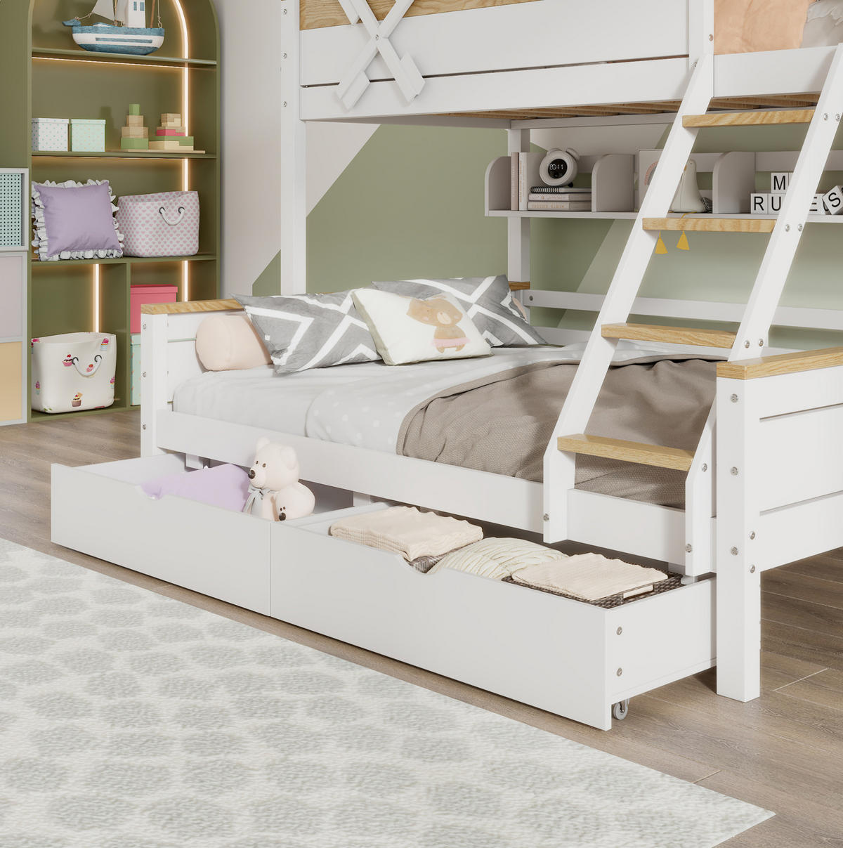 ETAGENBETT 90/200 cm mit Windmühle Weiß+Natur aus Kiefer und MDF mit Regalen und Schubladen - Weiß, Holzwerkstoff (90/200cm) - OKWISH