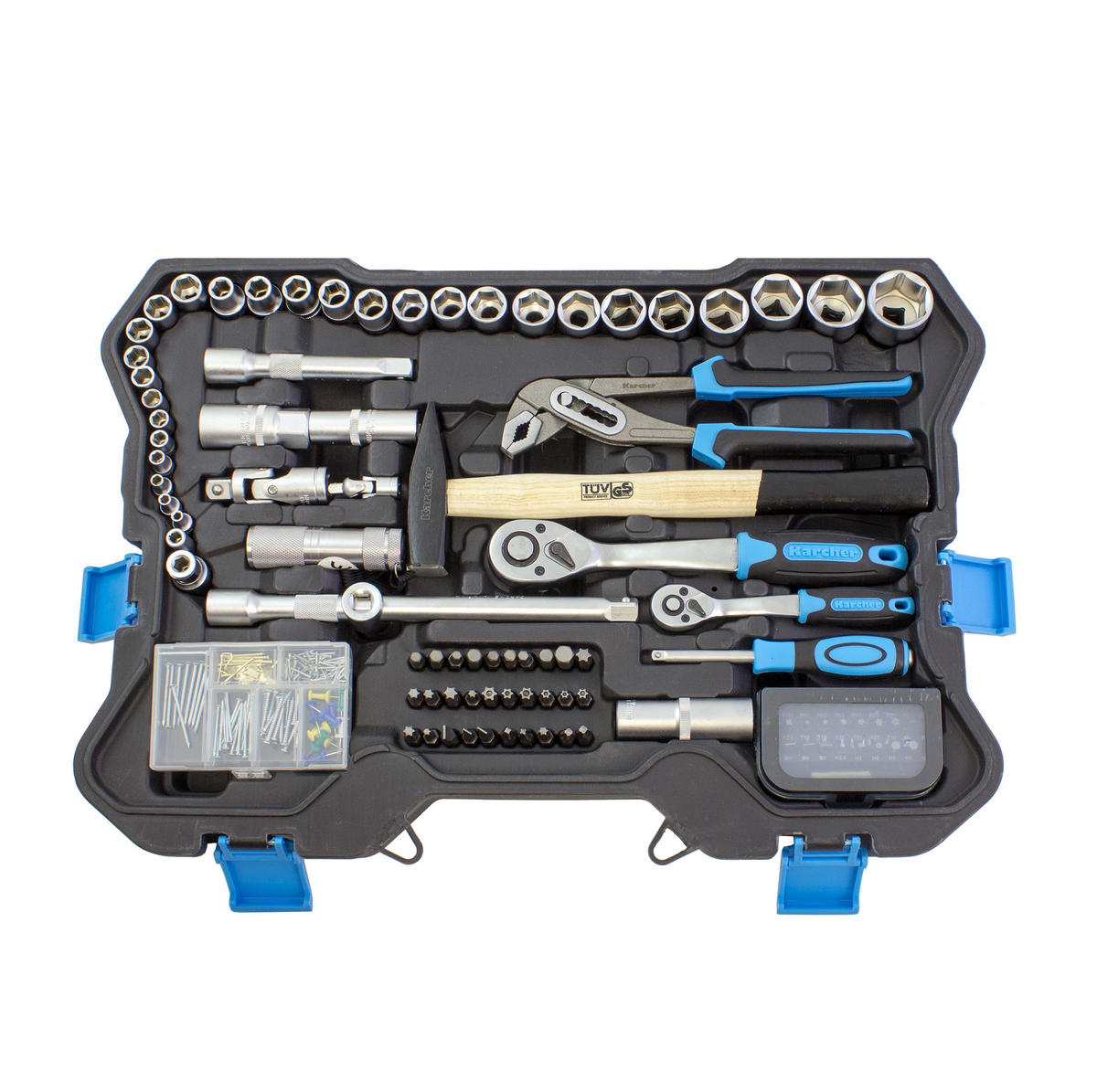 WERKZEUGKOFFER 135-teilig | Mit Hammer, Schraubendreher, Steckschlüssel, Bitsatz, Taschenlampe uvm. - Blau, Metall (43.5/15/55cm) - Karcher