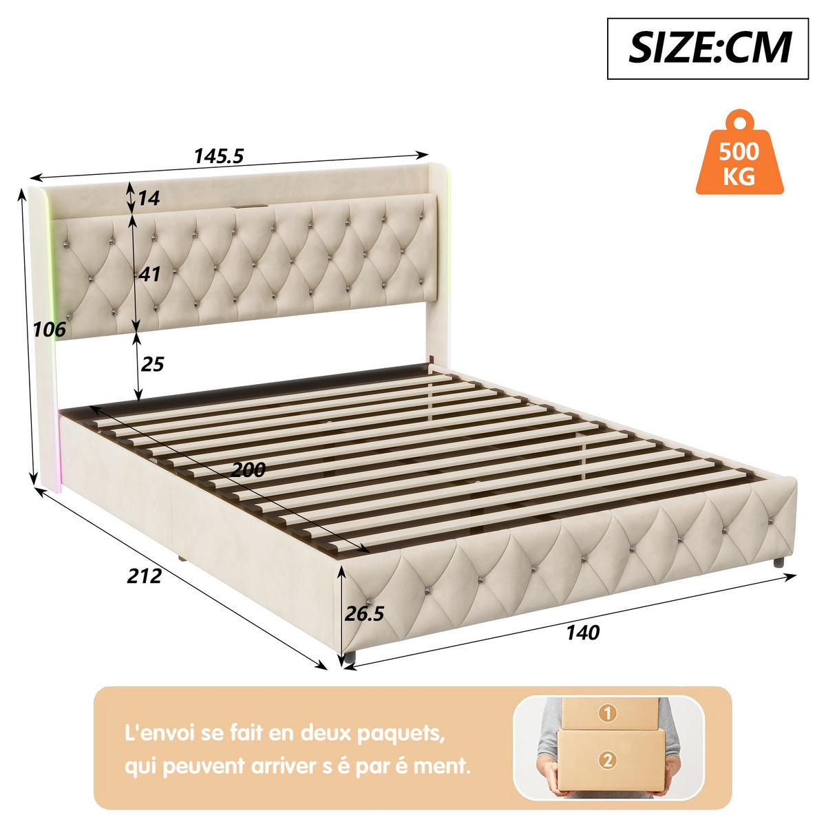 POLSTERBETT 140x200 cm LED USB C Stauraum Lattenrost Samt beige - Beige, Holz (140/200cm) - Fortuna Lai