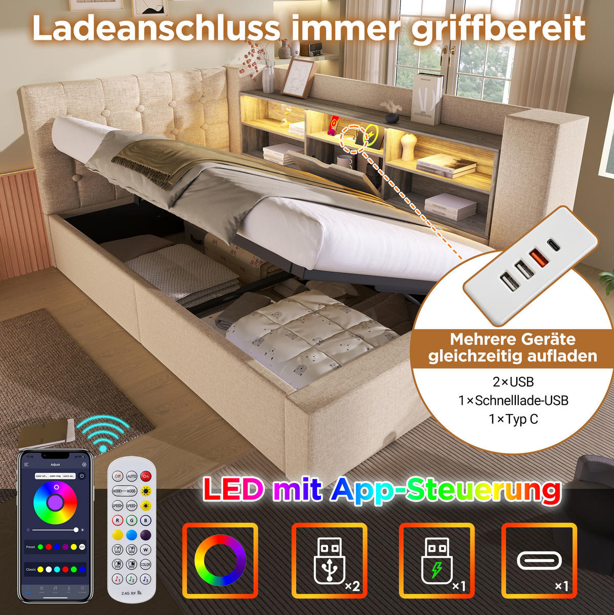 POLSTERBETT 140/200 cm mit LED-Beleuchtung und Bettkasten in Beige - Beige, Textil (140/200cm) - BEAOK