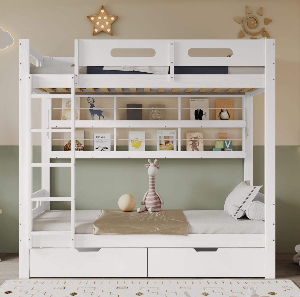 ETAGENBETT 90/200 cm mit 5-stufiger Leiter, Regalfach und 2 Schubladen, Kiefer/MDF, Weiß/Natur - Weiß, Holz (90/200cm) - Redom