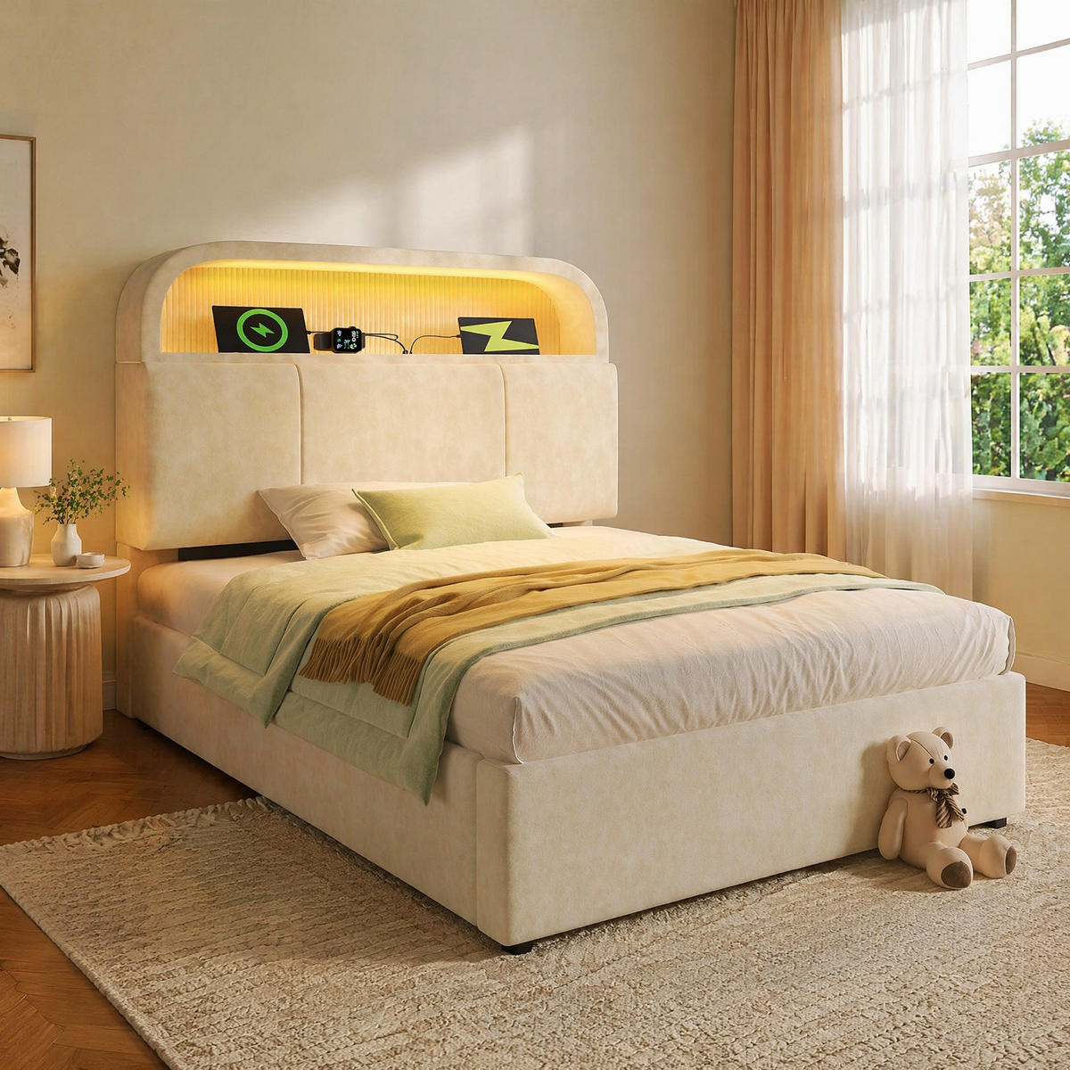 POLSTERBETT 90/200 mit Bettkasten, LED und USB in Beige - Beige, Holzwerkstoff/Textil (90/200cm) - EVRYAE