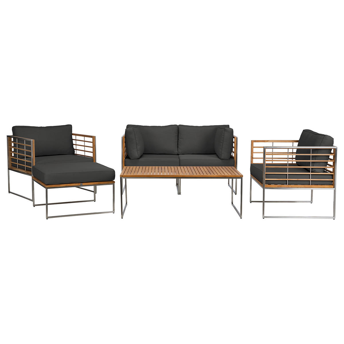 LOUNGEGRUPPE - 6-teilig - Webstoff / Teak massiv - Anthrazit, Holz/Textil - home24