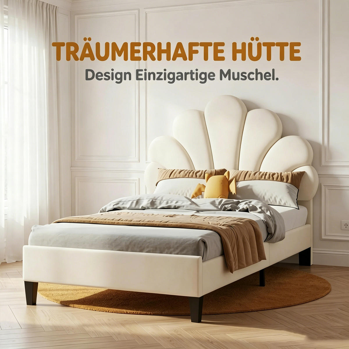 POLSTERBETT 90x200, einzelbett, Bettgestell 90 x 200 mit Muschelförmiges Kopfteil, Lattenrost, Samt, beige - Beige, Textil (90/200cm) - GENKI LIVING
