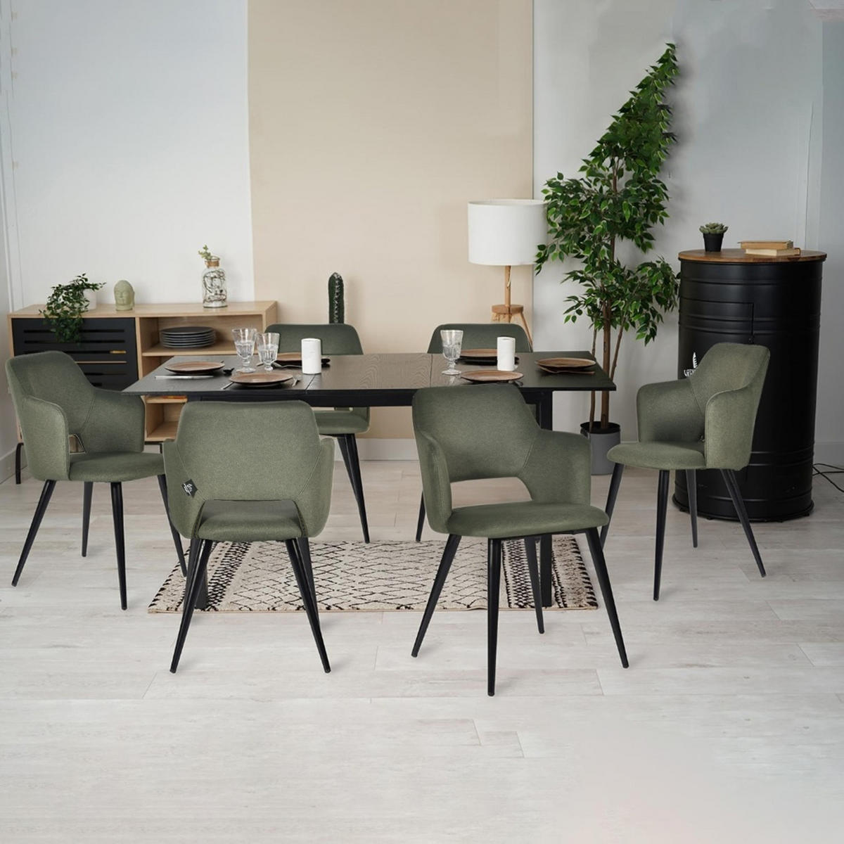 ESSGRUPPE mit ausziehbarem Esstisch und 6 Designstühlen, Schwarz + Grün - Grün, Textil (47/78.5/45cm) - Meubles Cosy