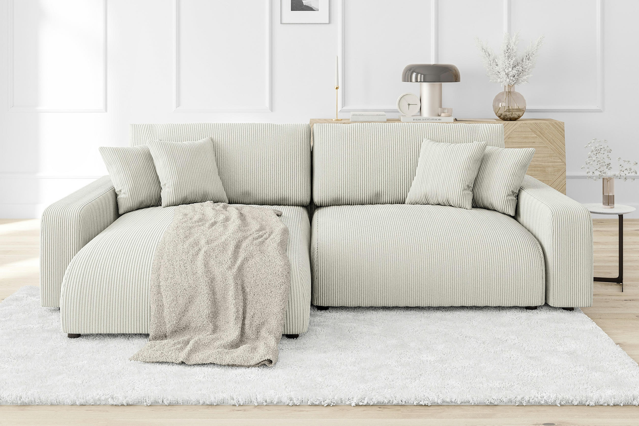 ECKSOFA Emma Beige Cord - Ottomane links - Beige, Textil (234/170cm) - S-Style Möbel
