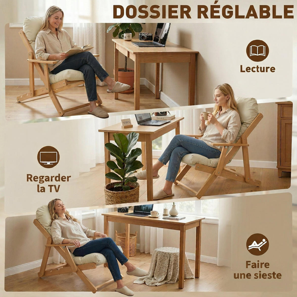 GARTENKLAPPSESSEL DE-13360 3-fach verstellbar & dickes Polster - Creme, Holz (89/96/71cm) - ComfortXL