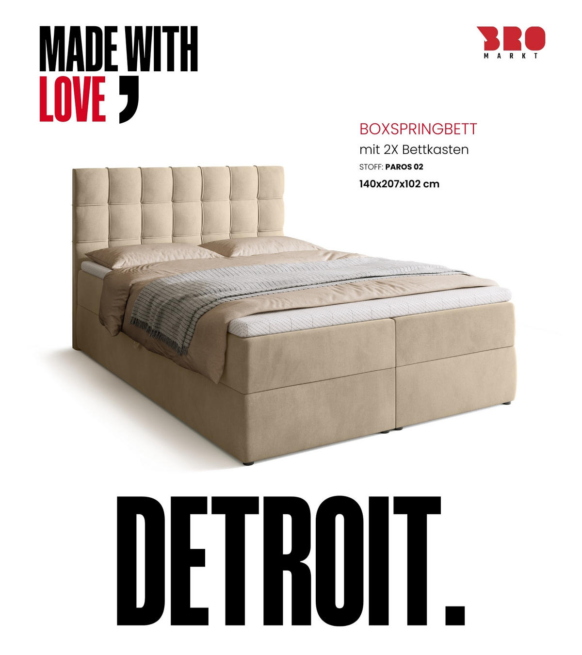 BOXBETT Detroit mit Topper 140/200 Beige - Beige, Holzwerkstoff/Textil (140/200cm) - Bromarkt