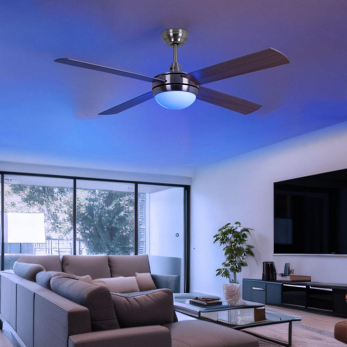 DECKENLEUCHTE Deckenventilator Sperrholz Braun - Silberfarben, Glas (132/132/46cm)