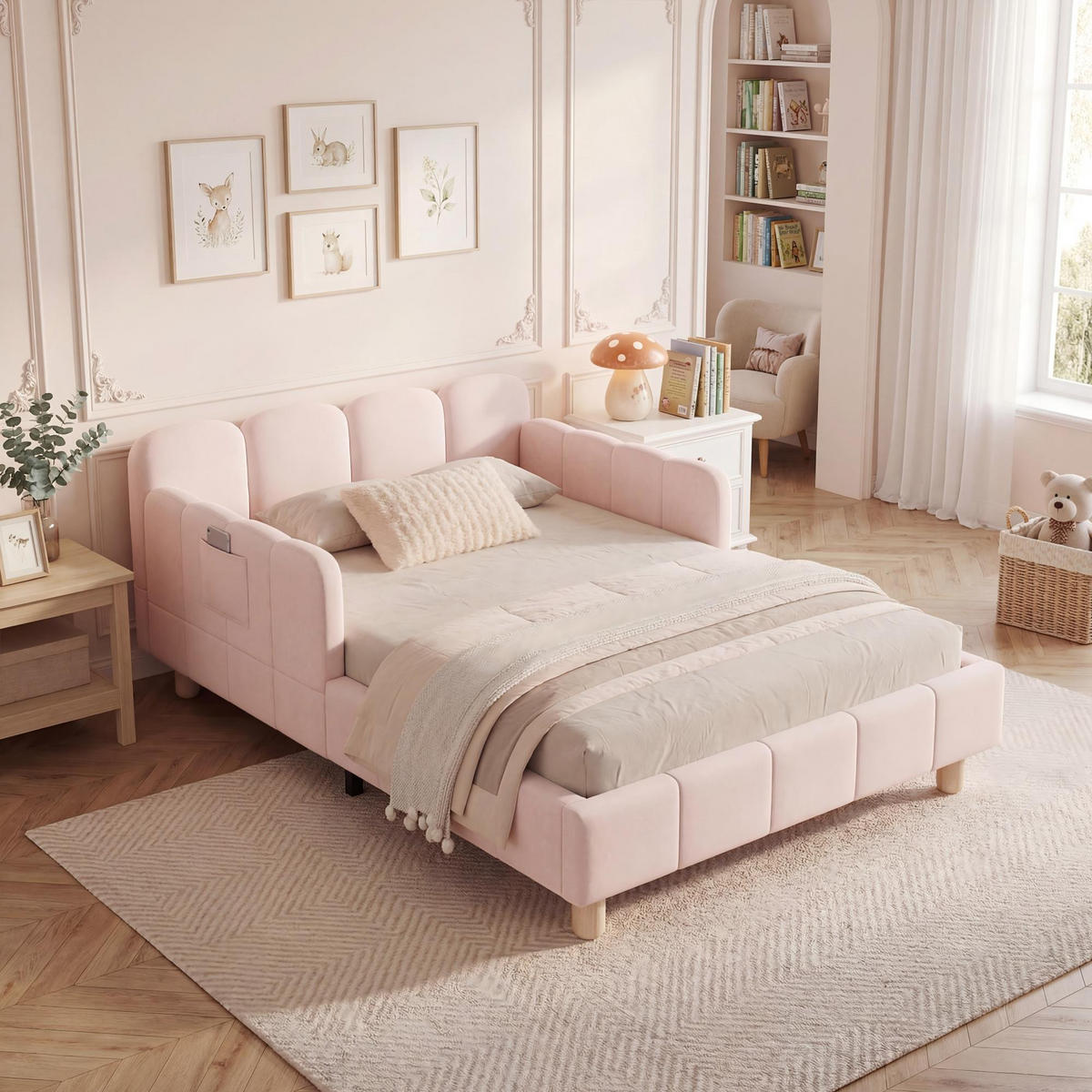 KINDERBETT 90/200 cm in Pink Samt mit Taschen und Armlehnen - Rosa/Naturfarben, Holzwerkstoff/Textil (90/200cm) - STILVORA