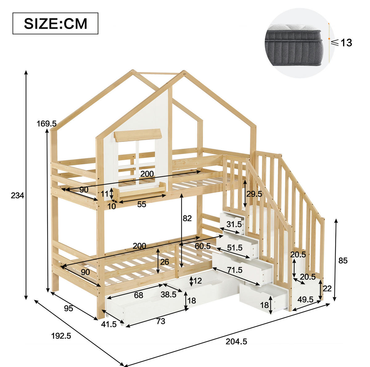 ETAGENBETT 90x200 cm in Weiß/Natur mit Stauraumtreppe und Rollschubladen - Weiß, Holz (90/200cm) - IVMEU