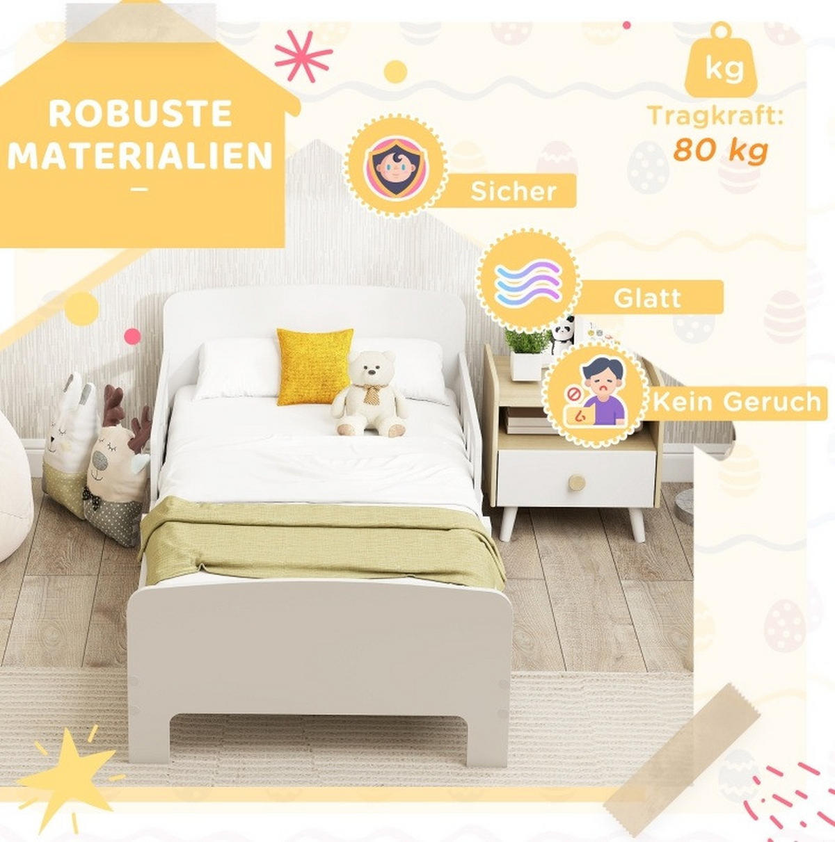 KINDERBETT 140/70 cm aus Holz mit beidseitigen Schutzschienen Weiß - Weiß, Holz (140/70cm) - Modenvie