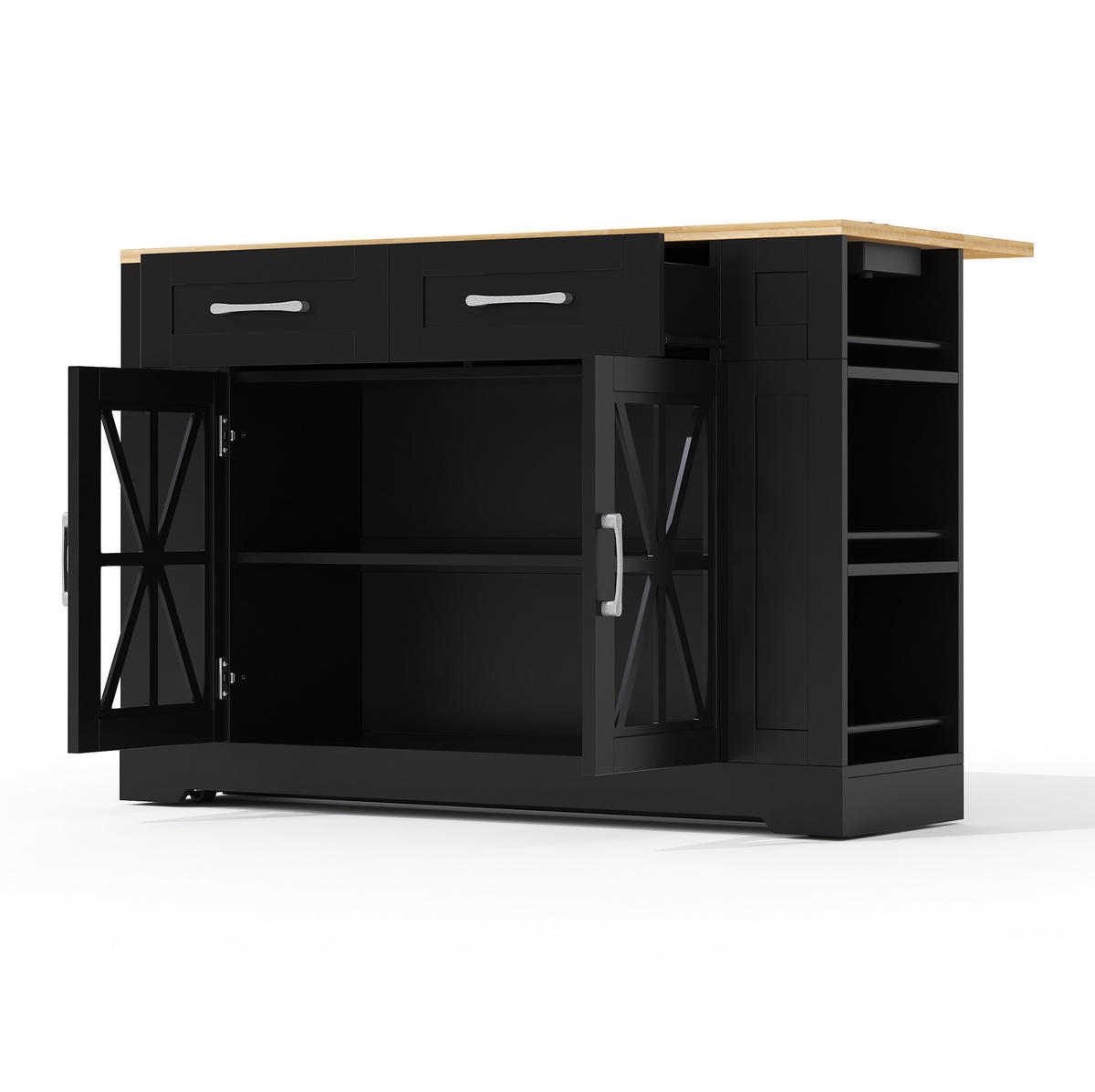 KÜCHENINSEL 120/40(65)/92 cm mit Klapptisch, Steckdosen, USB-Anschlüssen und Rollen, Schwarz/Natur - Schwarz, Holzwerkstoff (120/92/65cm) - Redom