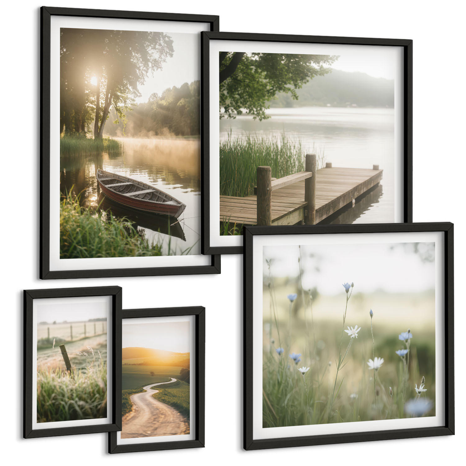 BILDER SET 5er Set - 50x50 cm & 20x30 cm & 40x60 cm Schwarzer Rahmen - Libellen im Gras, Wassermalerei - Schwarz, Kunststoff (40/60cm) - TULUP