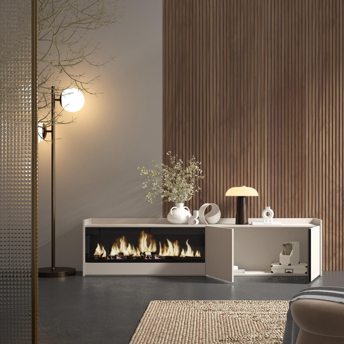 LOWBOARD, Beige, 212/35/50cm, Kamin mit Feuereffekt XXL - Beige, Holzwerkstoff (212/50/35cm) - Skraut Home