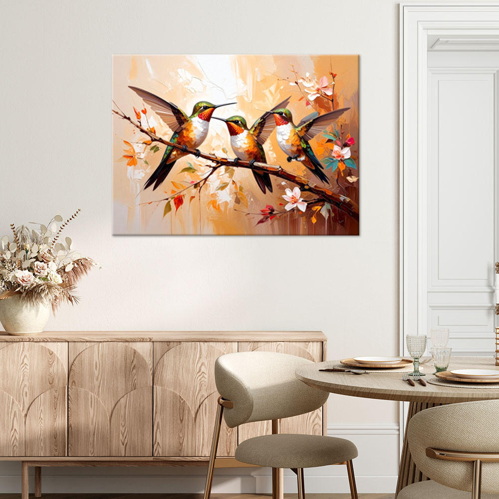 LEINWANDBILD Bunte Kolibris Vögel auf beigem Hintergrund 120x80cm - Beige, Textil (120/80cm) - Feeby