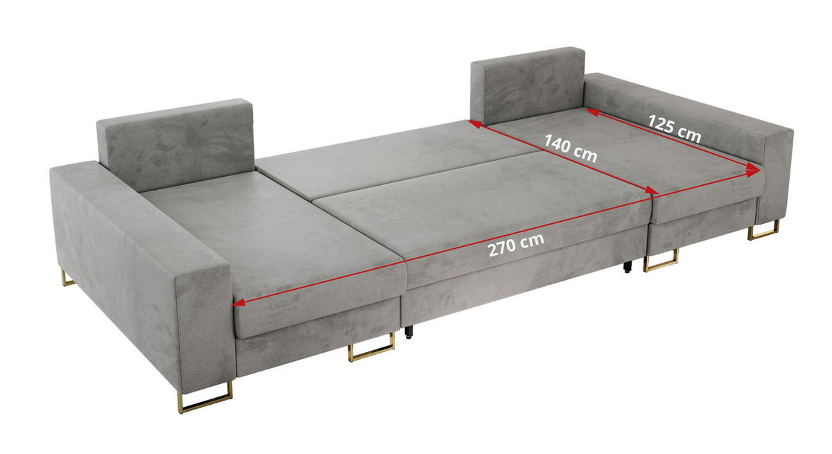WOHNLANDSCHAFT DORIAN U Velvet Hellgrau - Goldfarben/Hellgrau, Textil/Metall (312/95/138cm) - MKS