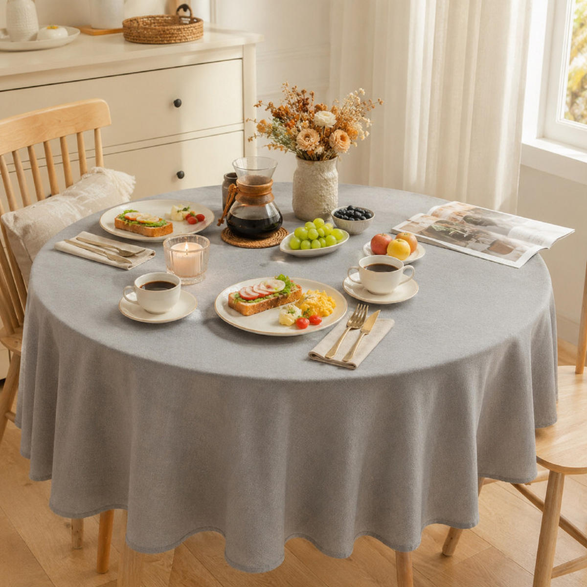 TISCHDECKE rund Ø140cm Hellgrau Leinenoptik Wasserabweisend Waschbar - Grau, Textil (140/140cm) - SHOPENTRA