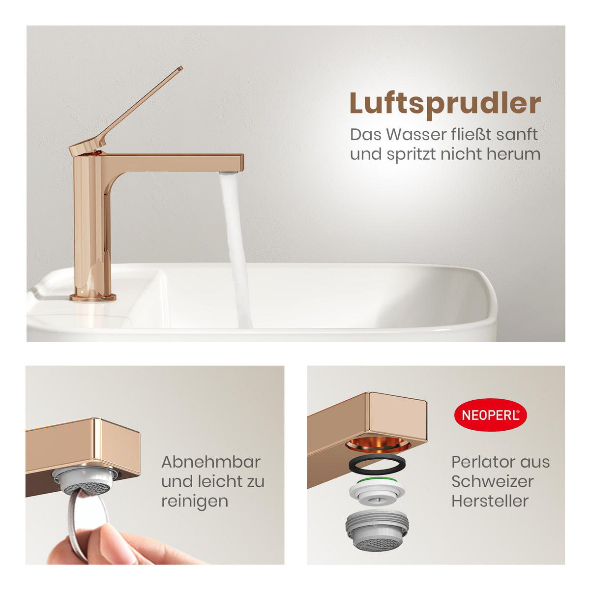 WASCHTISCHARMATUR mit Spulen-Zertifiziertem Filterelement Rosengold - Roségold, Metall (17.3/4.6/19.5cm) - EMKE