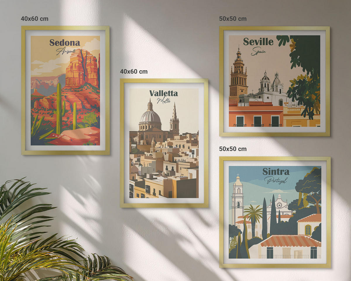 BILDER SET 4er Set - 50x50 cm & 40x60 cm Goldrahmen - Retro-Stadtansichten Sedona Sintra - Goldfarben, Kunststoff (50/50cm) - TULUP