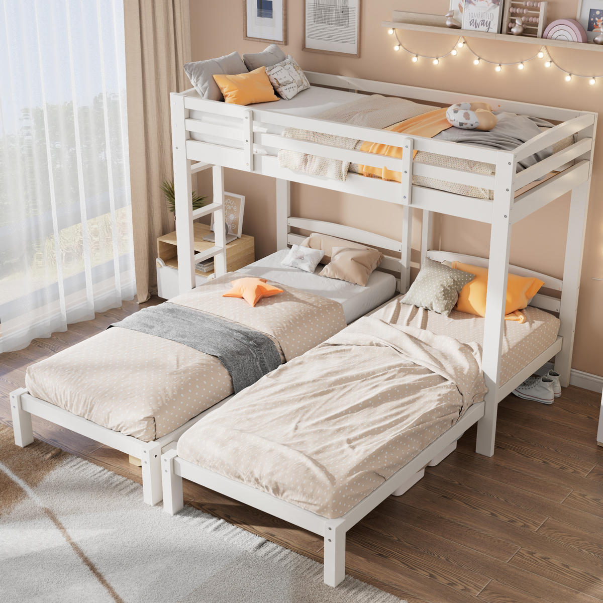 ETAGENBETT 90/200 cm weiß aus Massivholz mit Seitenleiter - Weiß, Holz (90/200cm) - OKWISH