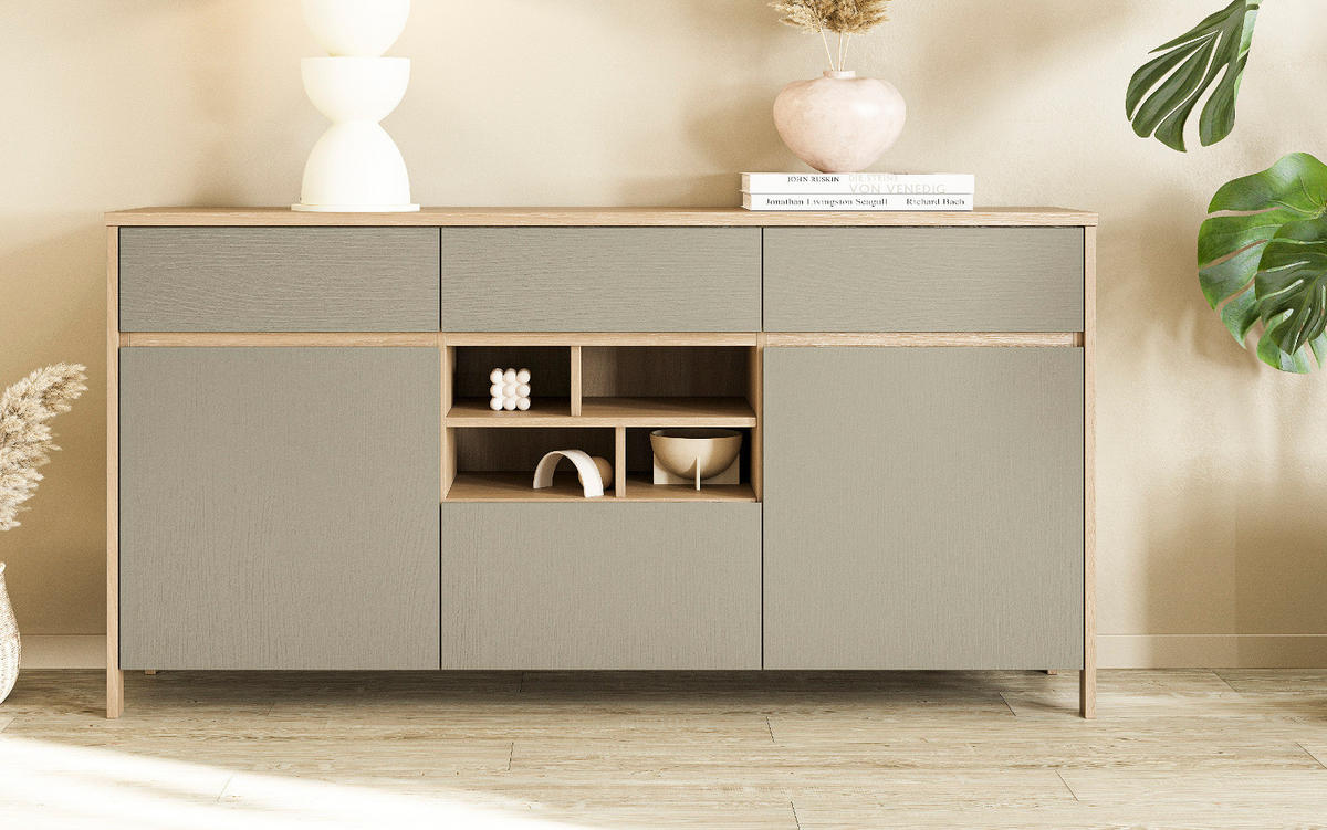 SIDEBOARD Salbei grün, Eiche, Kommode skandinavisch 164 cm, Soft-Close - Salbeigrün/Eichefarben, Holzwerkstoff/Metall (164/85/39cm) - Furn.Design