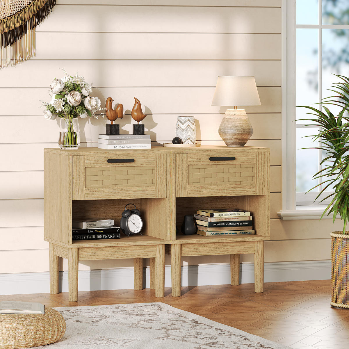 NACHTTISCH 2er Set Holz Rattan Schublade offenes Fach Eiche - Naturfarben, Holz (30/55/40cm) - LEBENLANG