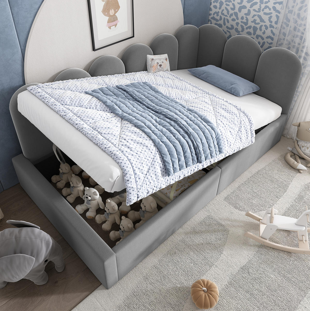 POLSTERBETT 90/200 cm aus Samt mit Stauraum und Metall-Lattenrost - Grau, Textil (90/200cm) - Flora Grace