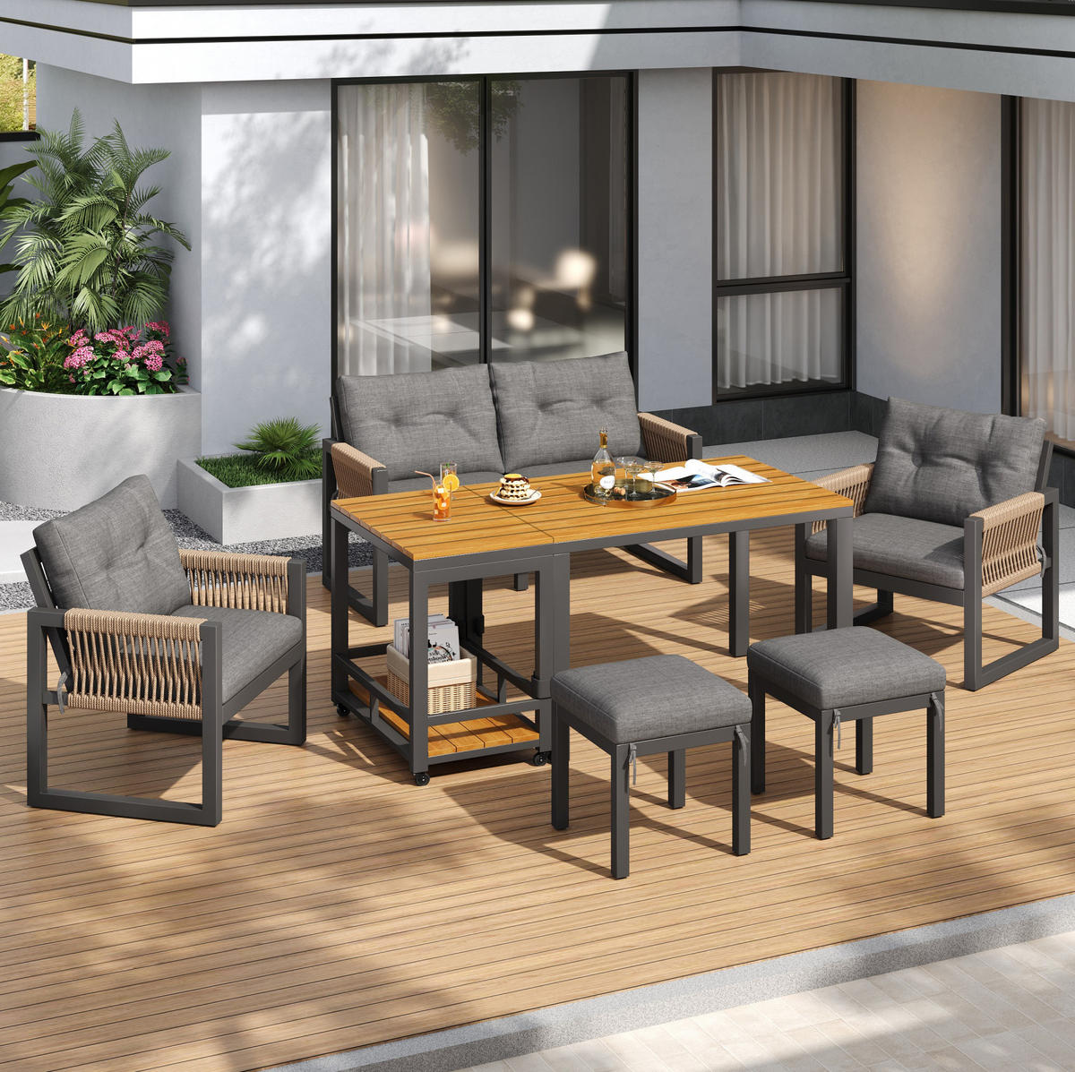 GARTENMÖBEL-SET 150/79,5/75 cm mit abnehmbarem Tisch und Sitzkissen, Seilarmlehnen, Grau/Natur - Grau, Metall - Redom
