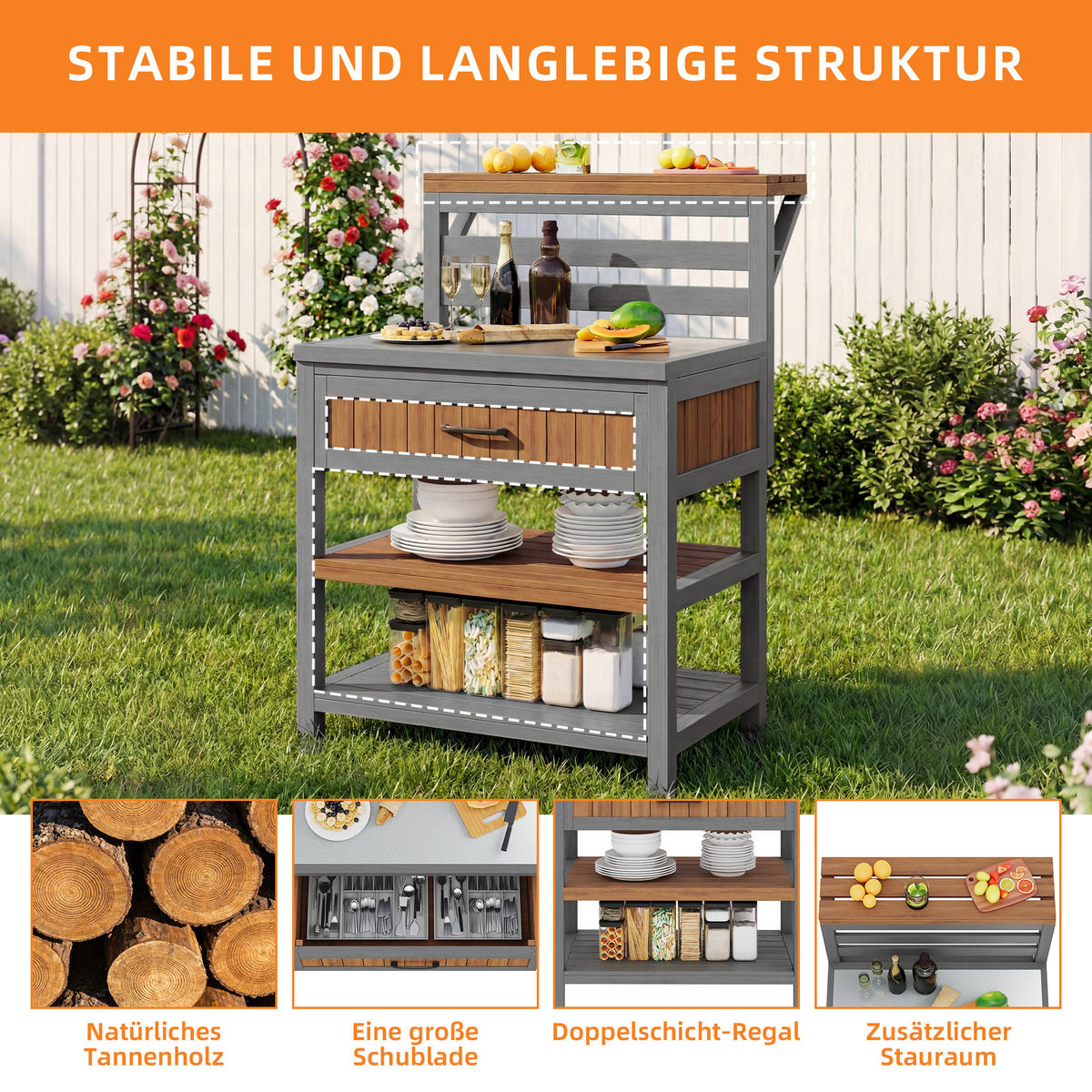 GARTENSCHRANK Holz Edelstahl Arbeitsplatte Outdoor Grillstation - Naturfarben, Holz (72.5/123/80cm) - FLIEKS