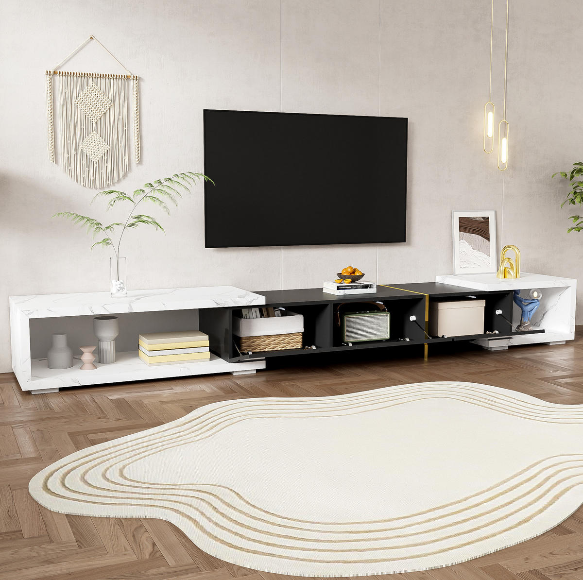 LOWBOARD 140/260 cm Schwarz/Weiß in Marmoroptik aus MDF und Spanplatte drehbar - Schwarz, Holzwerkstoff (40/30/260cm) - OKMYHOME