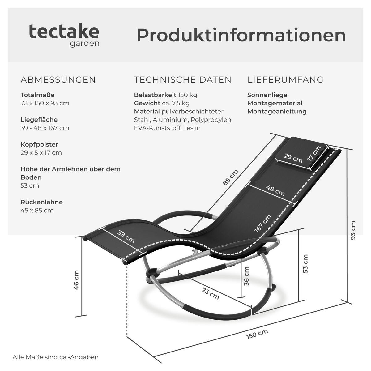 SONNENLIEGE Paulina, 150 x 73 x 93 cm, schwarz - Schwarz, Metall (73/93/150cm) - tectake