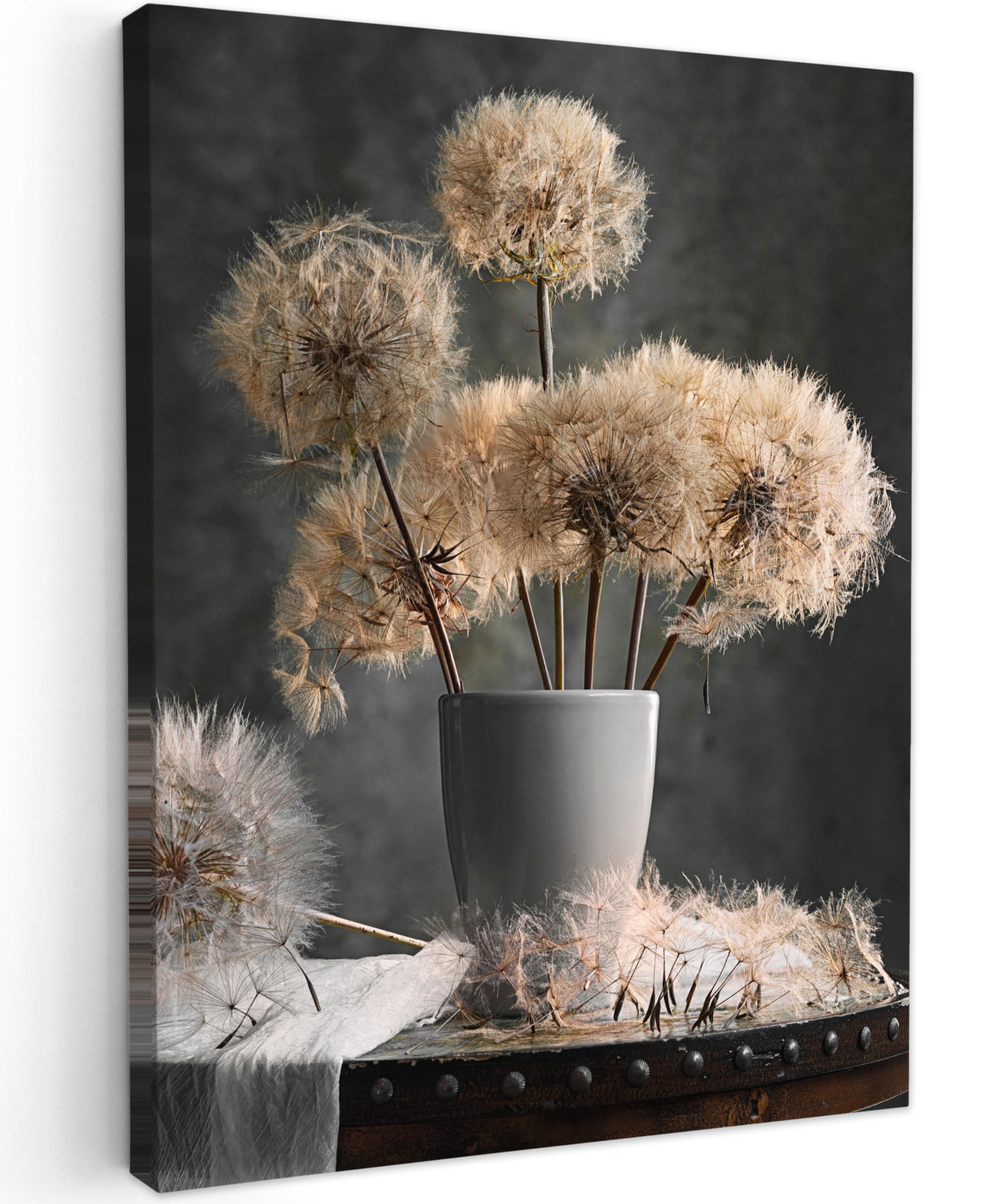 LEINWANDBILD Blumensamen - Löwenzahn - Vase - Stilleben - Blumenstrauß 30x40 cm - Dunkelgrau, Textil (30/40cm) - MuchoWow
