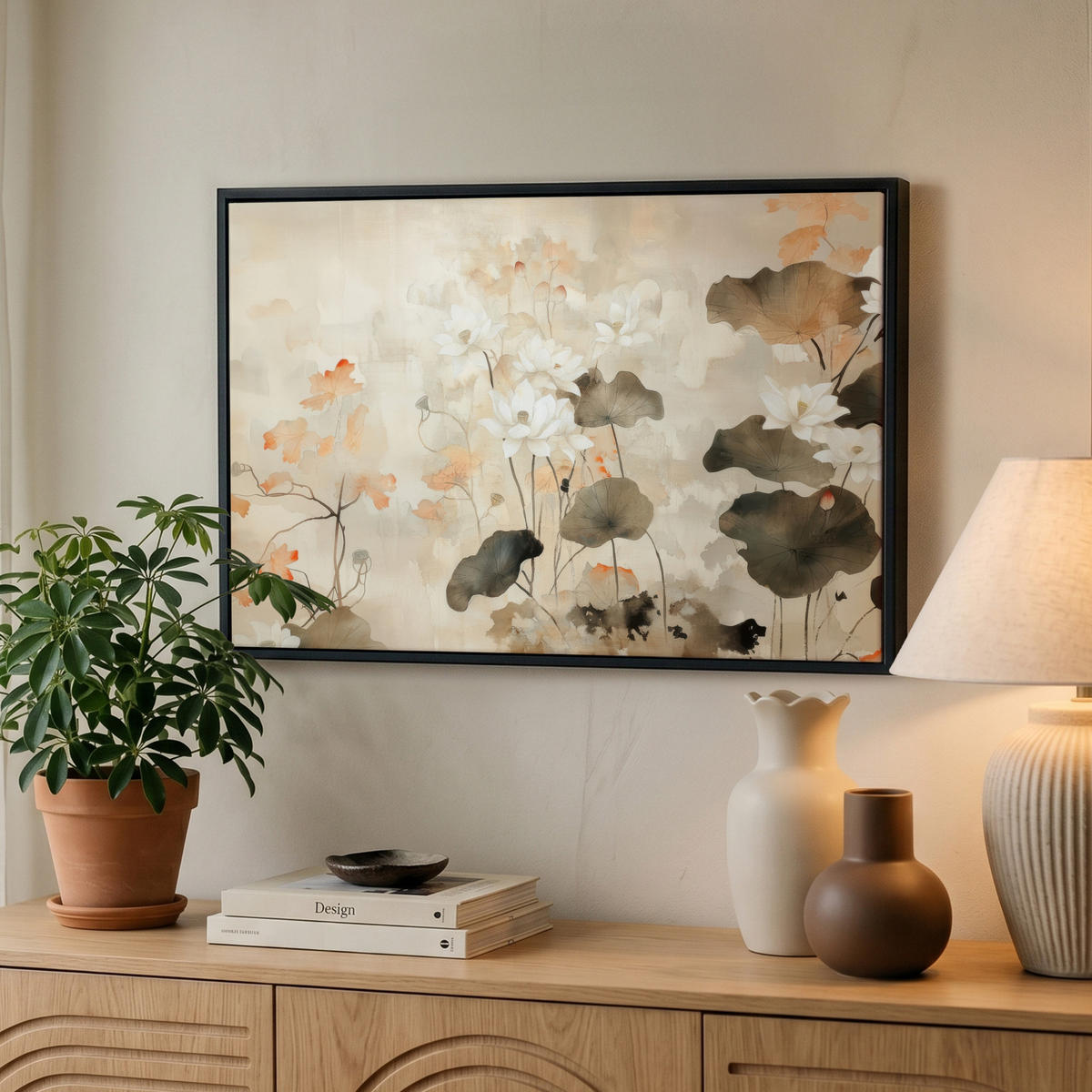 LEINWAND Bilder mit Rahmen - Blumen - Japandi - Wabi sabi - 60x40 - Sandfarben, Textil (60/40cm) - MuchoWow