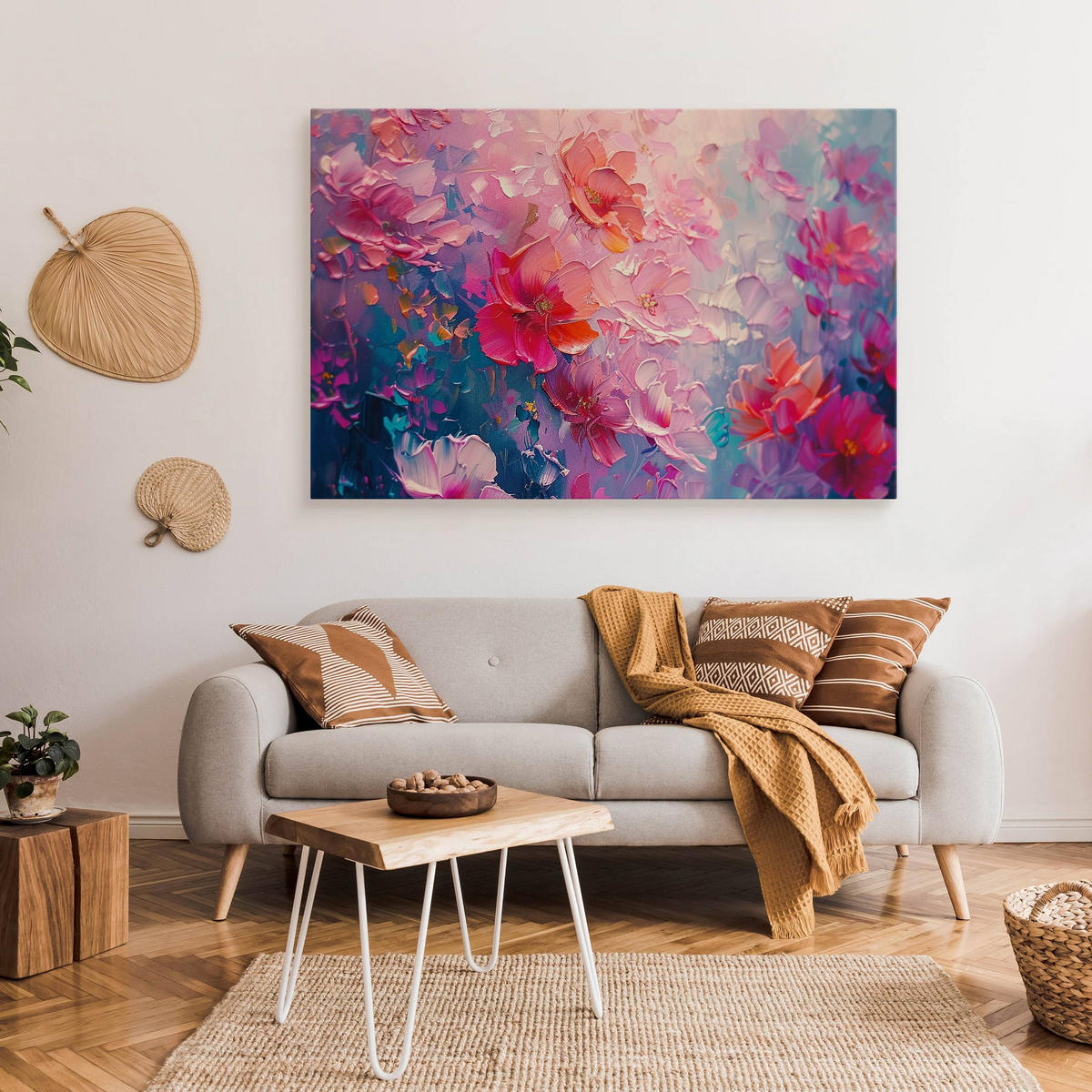 LEINWANDBILD Abstraktion Blumen Malarei 90x60 cm - Blau/Rot, Textil (90/60cm) - Muralo