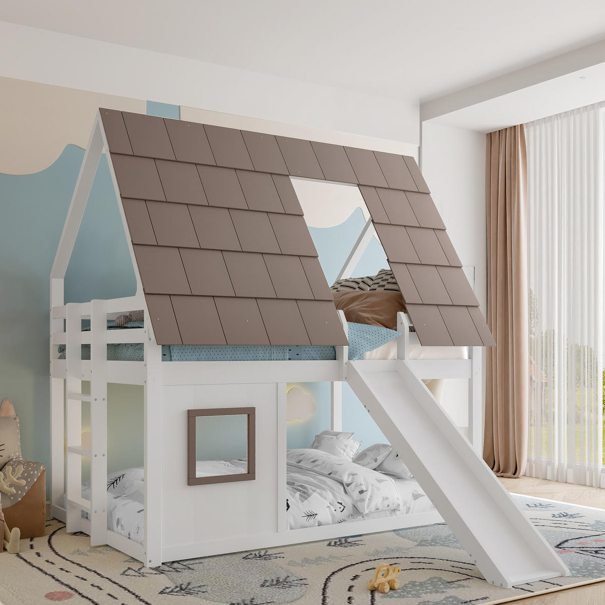 POSCHODOVÁ posteľ 140/200 cm biela/hnedá s rebríkom a šmykľavkou z MDF a borovice - hnedá, kompozitné drevo (140/200cm) - OKWISH