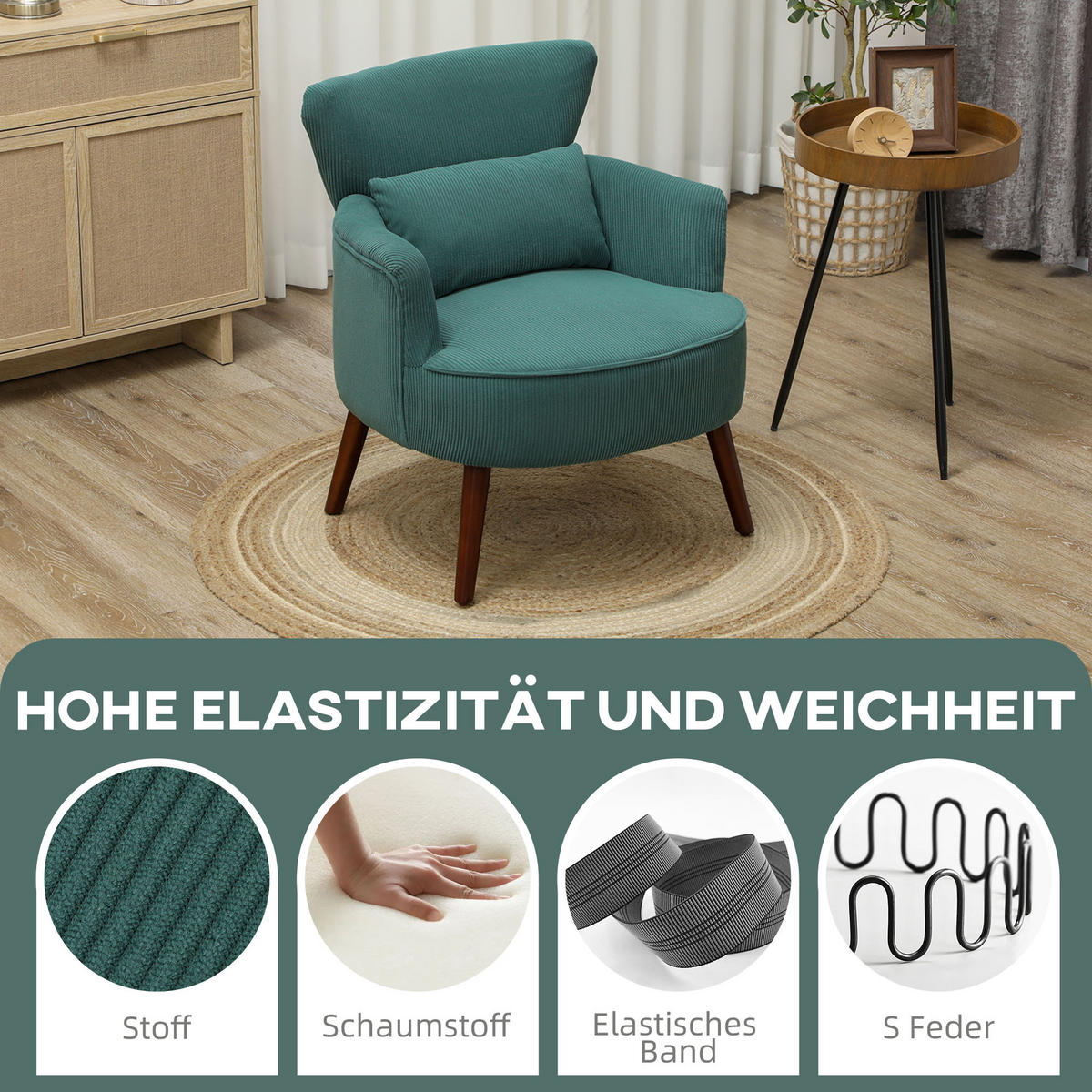 SESSEL mit Rückenlehne, abgerundeten Armlehnen Gepolstert Loungesessel Kordoptik - Dunkelgrün, Textil (69/78/69.5cm) - HOMCOM
