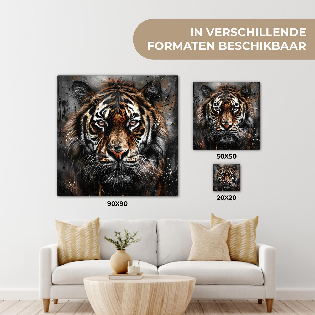 LEINWANDBILD Tiger - Tiere - Porträt - Luxus - Schwarz Deko Wohnzimmer 20x20 cm - Anthrazit, Textil (20/20cm) - MuchoWow