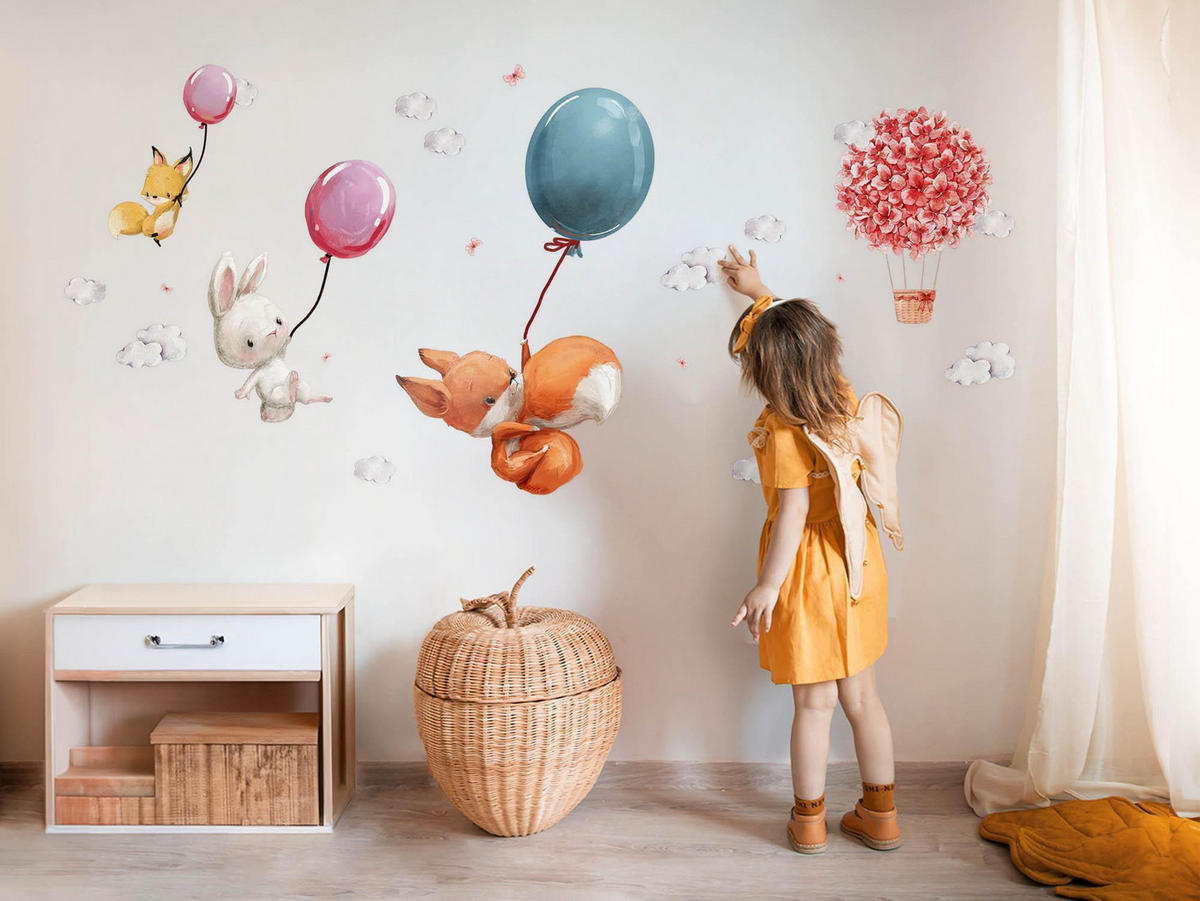 WANDAUFKLEBER 80x102cm - Tiere mit Luftballons - Multicolor, Kunststoff (80/102/0.1cm) - Wallfluent